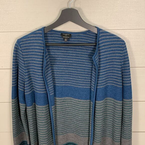 Talbots 100% merino wool striped open front long line cardigan petite small - Picture 2 of 8